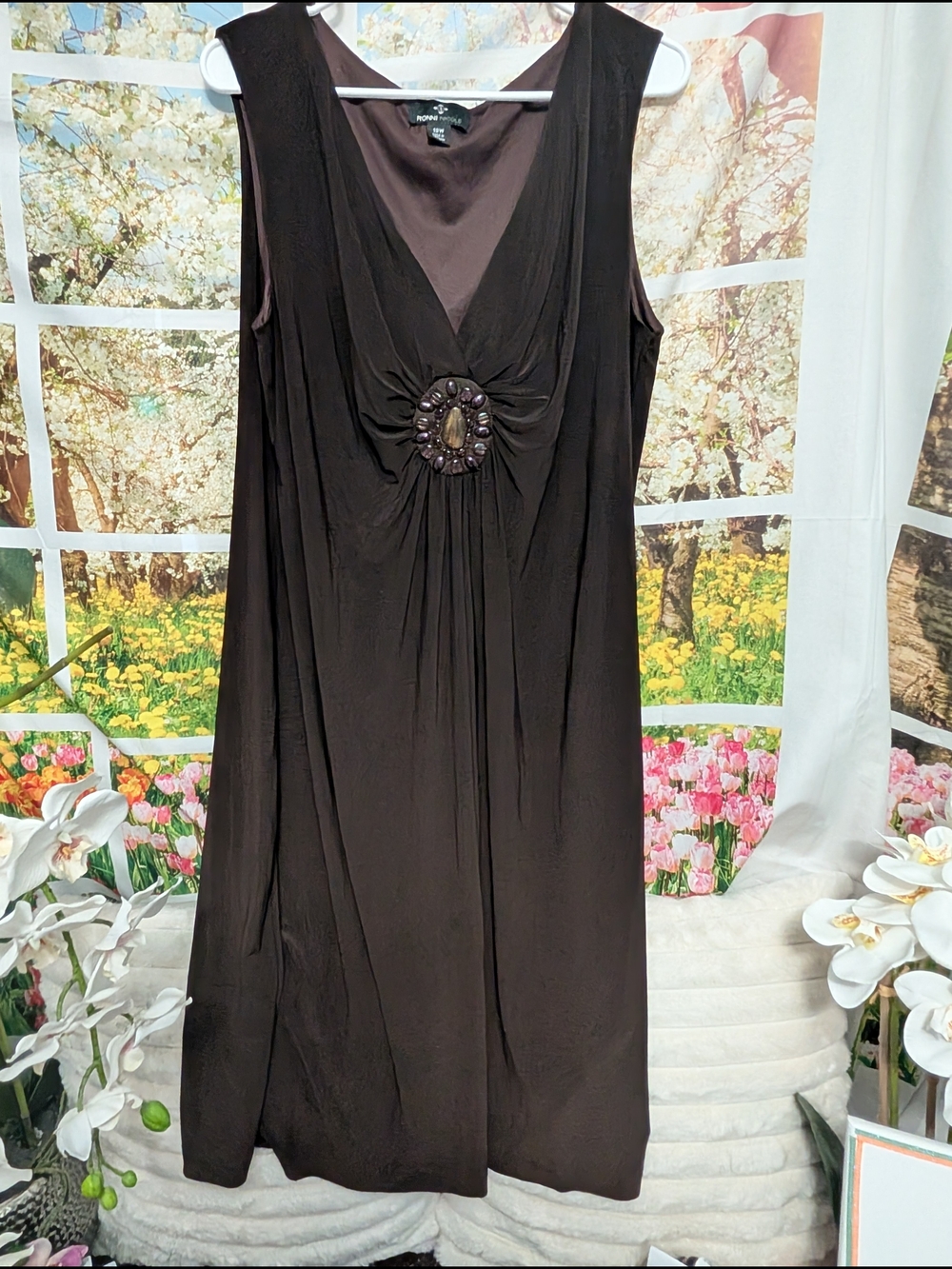 Ronni Nicole Chocolate Brown Sleeveless V-Neck Midi Dress with Jeweled Accent